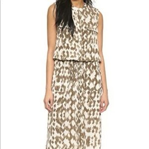 VINCE Ikat Print Cargo 100% Silk Midi Dress Brown Cream Sleeveless Size M Casual